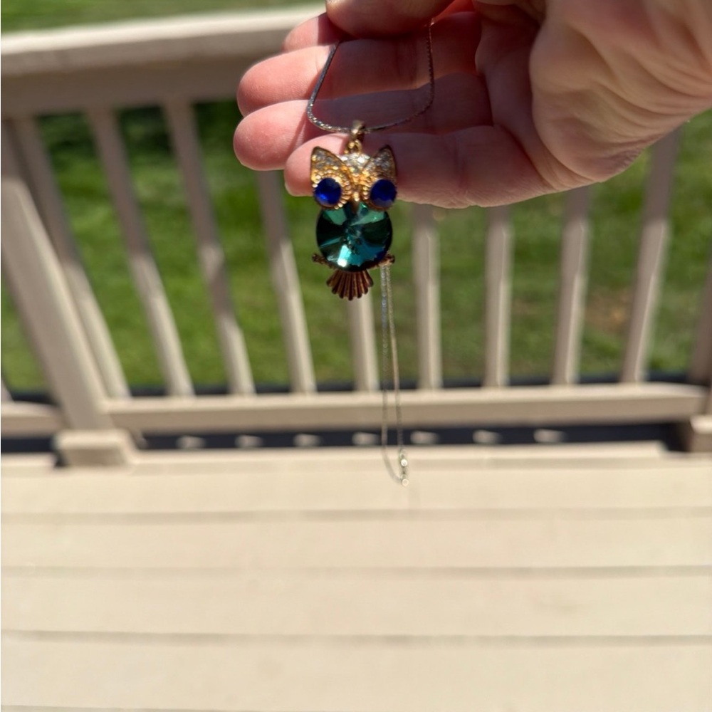 Gold-Tone Owl Pendant Necklace with Green and Blue Stones - Picture 3 of 5